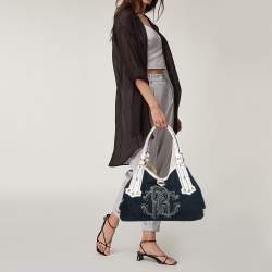 Pre Owned Roberto Cavalli Navy Blue/White Denim and Leather Logo Shoulder Bag