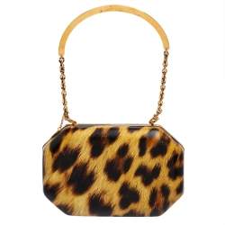 Roberto Cavalli Brown Leopard Print Leather Clutch