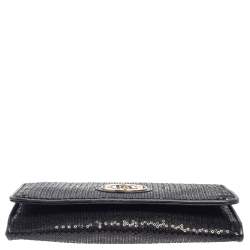 Roberto Cavalli Black Sequins and Leather Logo Flap Clutch