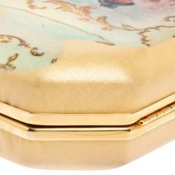 Pre Owned Roberto Cavalli Beige Satin 18th Century Porcelain Print Chain Clutch