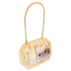 Pre Owned Roberto Cavalli Beige Satin 18th Century Porcelain Print Chain Clutch