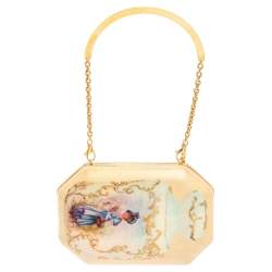Pre Owned Roberto Cavalli Beige Satin 18th Century Porcelain Print Chain Clutch