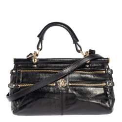Roberto Cavalli Black Deerskin Leather Top Handle Bag