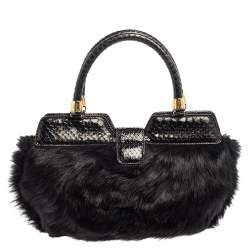 Pre Owned Roberto Cavalli Black Faux Fur and Snakeskin Flap Hobo