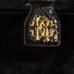 Pre Owned Roberto Cavalli Black Faux Fur and Snakeskin Flap Hobo