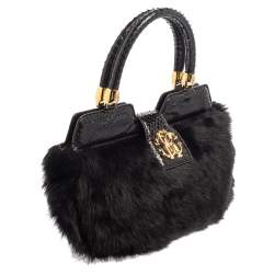 Pre Owned Roberto Cavalli Black Faux Fur and Snakeskin Flap Hobo