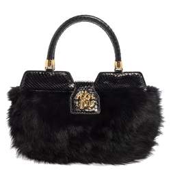 Pre Owned Roberto Cavalli Black Faux Fur and Snakeskin Flap Hobo