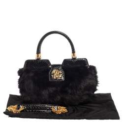 Pre Owned Roberto Cavalli Black Faux Fur and Snakeskin Flap Hobo