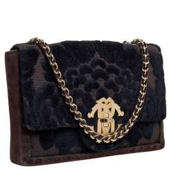 Pre Owned Roberto Cavalli Dark Brown/Black Suede and Velvet Turnlock Logo Flap Chain Bag
