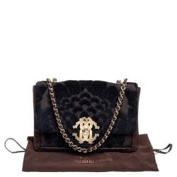 Pre Owned Roberto Cavalli Dark Brown/Black Suede and Velvet Turnlock Logo Flap Chain Bag