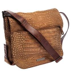 Pre Owned Roberto Cavalli Brown Croc Embossed Leather Messenger Bag