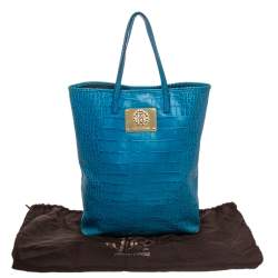 Pre Owned Roberto Cavalli Blue Croc Embossed Leather Shopper Tote