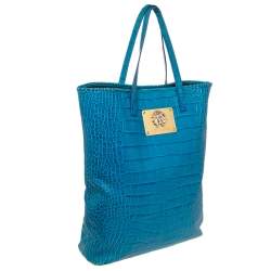 Pre Owned Roberto Cavalli Blue Croc Embossed Leather Shopper Tote