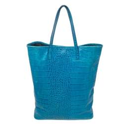 Pre Owned Roberto Cavalli Blue Croc Embossed Leather Shopper Tote
