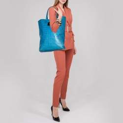 Pre Owned Roberto Cavalli Blue Croc Embossed Leather Shopper Tote
