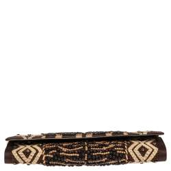 Pre Owned Roberto Cavalli Brown Fabric Beads Embellished Chain Clutch