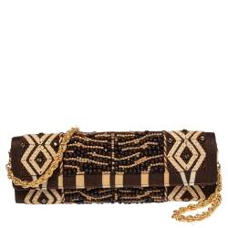 Pre Owned Roberto Cavalli Brown Fabric Beads Embellished Chain Clutch
