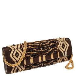 Pre Owned Roberto Cavalli Brown Fabric Beads Embellished Chain Clutch