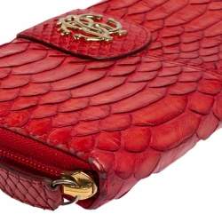 Pre Owned Roberto Cavalli Red Python Zip Around Wallet