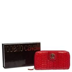 Pre Owned Roberto Cavalli Red Python Zip Around Wallet