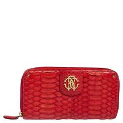 Pre Owned Roberto Cavalli Red Python Zip Around Wallet