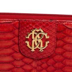 Pre Owned Roberto Cavalli Red Python Zip Around Wallet