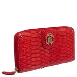 Pre Owned Roberto Cavalli Red Python Zip Around Wallet