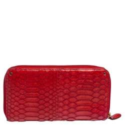 Pre Owned Roberto Cavalli Red Python Zip Around Wallet