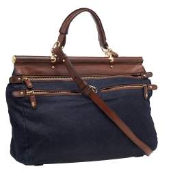 Pre Owned Roberto Cavalli Navy-Blue, Brown Denim And Leather Top Handle Bag