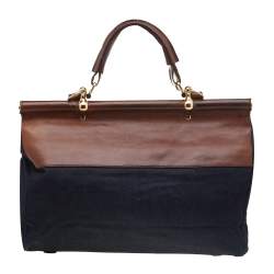 Pre Owned Roberto Cavalli Navy-Blue, Brown Denim And Leather Top Handle Bag