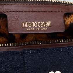 Pre Owned Roberto Cavalli Navy-Blue, Brown Denim And Leather Top Handle Bag