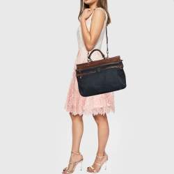 Pre Owned Roberto Cavalli Navy-Blue, Brown Denim And Leather Top Handle Bag