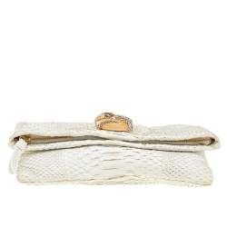 Pre Owned Roberto Cavalli White Python Crystal Fold Over Clutch