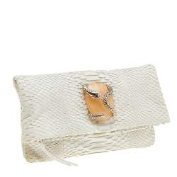 Pre Owned Roberto Cavalli White Python Crystal Fold Over Clutch