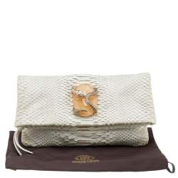 Pre Owned Roberto Cavalli White Python Crystal Fold Over Clutch