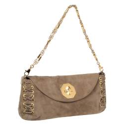 Pre Owned Roberto Cavalli Beige Suede Stitch Detail Turnlock Flap Clutch