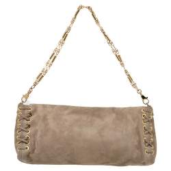 Pre Owned Roberto Cavalli Beige Suede Stitch Detail Turnlock Flap Clutch