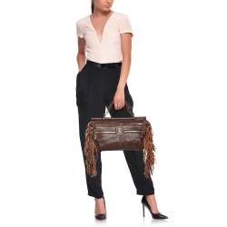 Pre Owned Roberto Cavalli Brown Leather Fringe Multiple Pocket Top Handle Bag