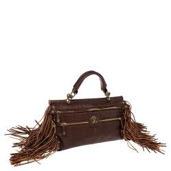 Pre Owned Roberto Cavalli Brown Leather Fringe Multiple Pocket Top Handle Bag