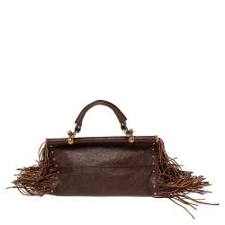 Pre Owned Roberto Cavalli Brown Leather Fringe Multiple Pocket Top Handle Bag