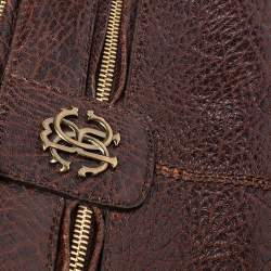 Pre Owned Roberto Cavalli Brown Leather Fringe Multiple Pocket Top Handle Bag