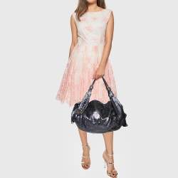 Pre Owned Roberto Cavalli Metallic Blue/Black Python Bow Drawstring Hobo