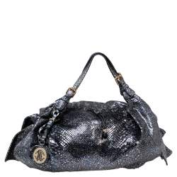 Pre Owned Roberto Cavalli Metallic Blue/Black Python Bow Drawstring Hobo