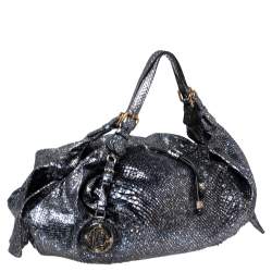 Pre Owned Roberto Cavalli Metallic Blue/Black Python Bow Drawstring Hobo