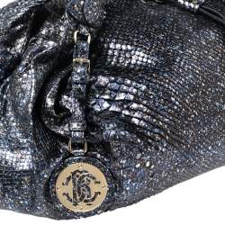 Pre Owned Roberto Cavalli Metallic Blue/Black Python Bow Drawstring Hobo