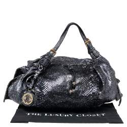 Pre Owned Roberto Cavalli Metallic Blue/Black Python Bow Drawstring Hobo