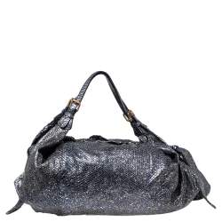 Pre Owned Roberto Cavalli Metallic Blue/Black Python Bow Drawstring Hobo
