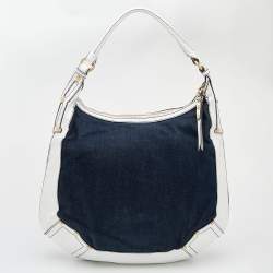 Pre Owned Roberto Cavalli White/Navy Blue Leather And Denim Logo Hobo