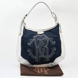 Pre Owned Roberto Cavalli White/Navy Blue Leather And Denim Logo Hobo