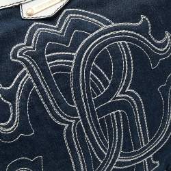 Pre Owned Roberto Cavalli White/Navy Blue Leather And Denim Logo Hobo